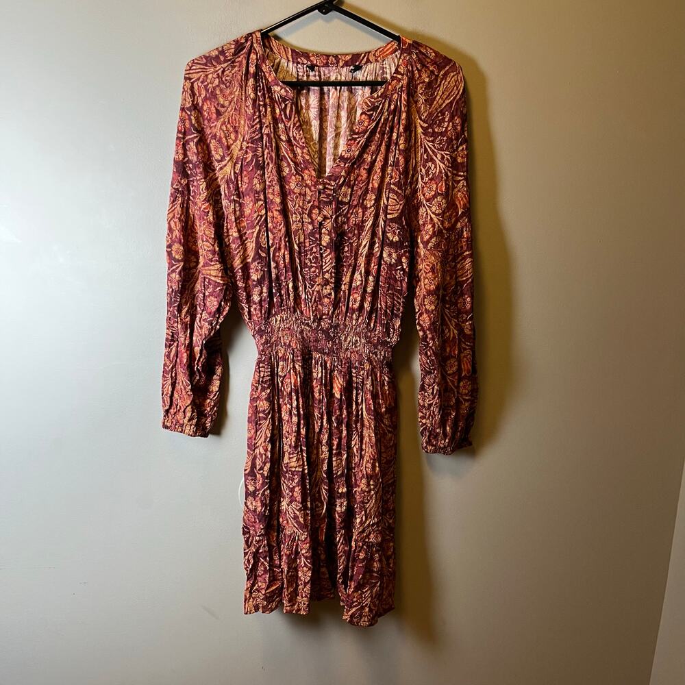 Peruvian Connection Adria Dress Burgundy Gold Floral V Neck Raglan Sleeve‎ Small